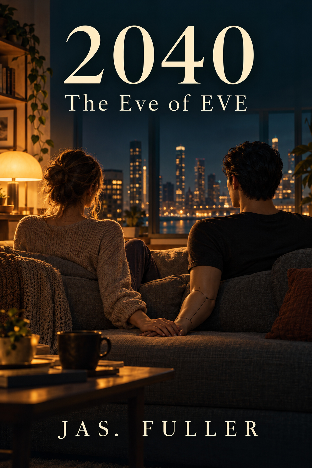 2040: The Eve of EVE by JAS. Fuller — cover showing a couple holding hands on a sofa, looking out at a night city skyline